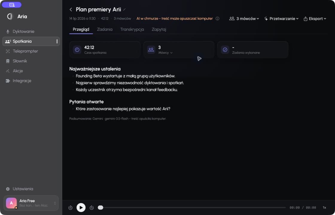 Podsumowanie spotkania w prawdziwej aplikacji Aria